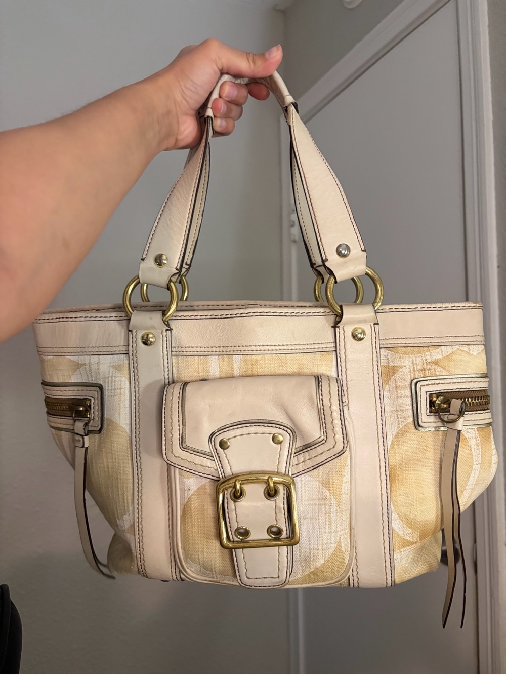Coach Beige and Cream Legacy Tote Bag with Buckle Accent